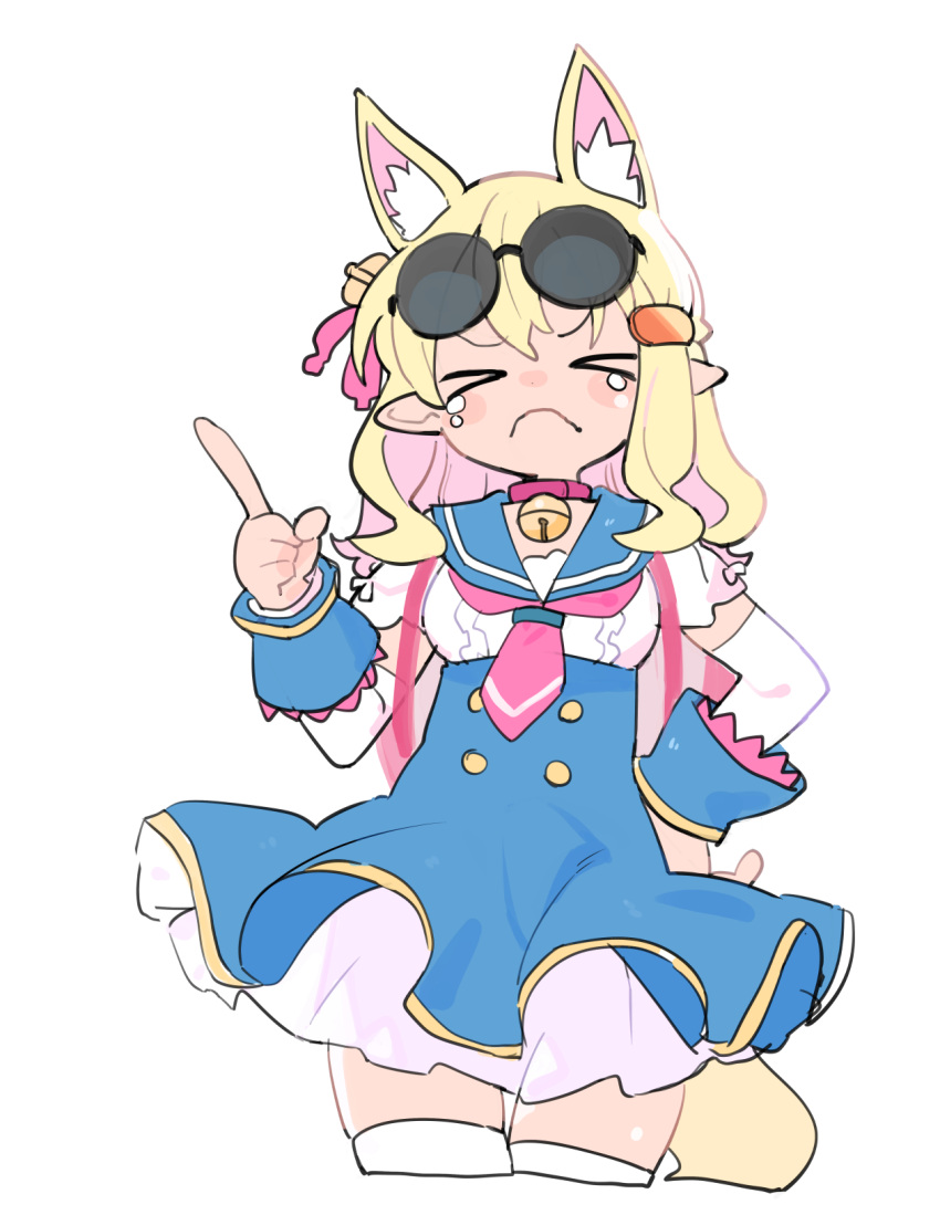 >_< animal_ears bell blonde_hair blue_sailor_collar blue_skirt blush_stickers breasts center_frills colored_inner_hair cropped_legs crying detached_sleeves disgaea eyewear_on_head facing_viewer female frills frown hair_bell hair_ornament hairclip hand_on_own_hip hand_up high-waist_skirt highres index_finger_raised kokaki_mumose long_hair makai_senki_disgaea_7 medium_breasts miniskirt multicolored_hair neck_bell neckerchief pink_hair pink_neckerchief pirilika_(disgaea) pointy_ears round_eyewear sailor_collar short_sleeves shoulder_strap simple_background single_sidelock skirt solo sunglasses tail thigh_gap thighhighs underbust v-shaped_eyebrows wavy_hair white_background white_thighhighs zettai_ryouiki