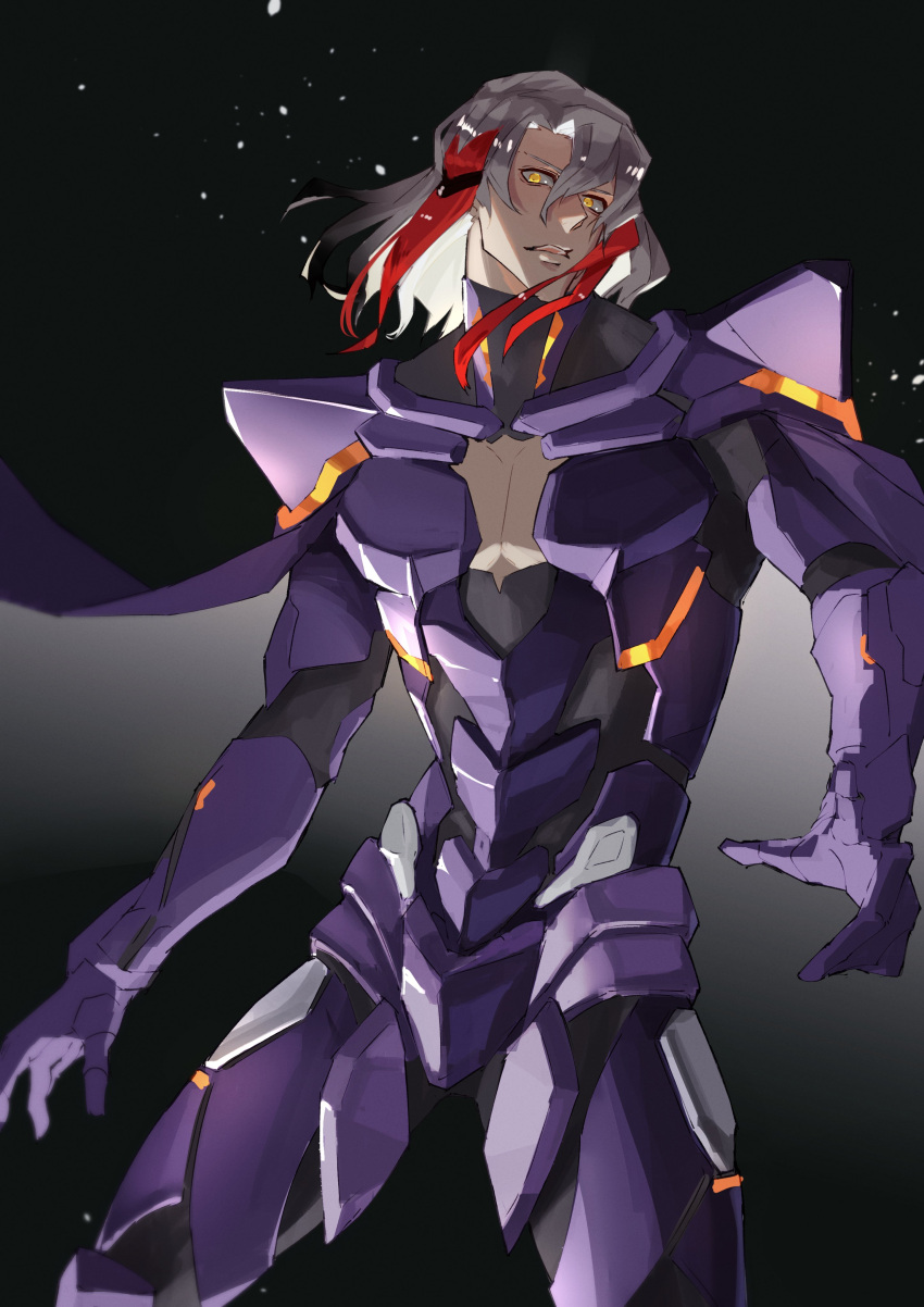 1boy absurdres armor arms_at_sides black_background fate/grand_order fate_(series) grey_hair hair_between_eyes haruakira highres light_particles looking_at_viewer male_focus mature_male multicolored_hair odysseus_(fate) open_mouth pectoral_cleavage pectorals purple_armor short_hair solo streaked_hair teeth turtleneck upper_teeth_only yellow_eyes