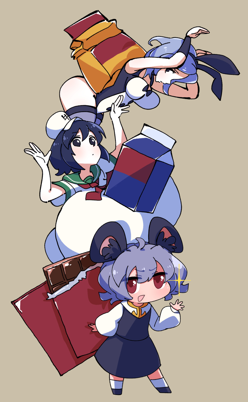 3girls absurdres animal_ears black_eyes black_hair blue_hair blush breasts brown_background candy chocolate chocolate_bar closed_mouth commentary cookie_(touhou) fake_animal_ears flat_chest flour flour_(cookie) food full_body gigantic_breasts gram_9 green_sailor_collar grey_hair grey_skirt grey_vest hair_between_eyes highres kumoi_ichirin long_sleeves looking_at_viewer medium_bangs milk_(cookie) milk_carton mouse_ears mouse_girl multiple_girls murasa_minamitsu nazrin neckerchief nyon_(cookie) open_mouth playboy_bunny rabbit_pose red_eyes red_neckerchief sailor_collar shirt short_hair short_sleeves simple_background skirt smile sparkle standing touhou tuxedo_leotard vest white_shirt