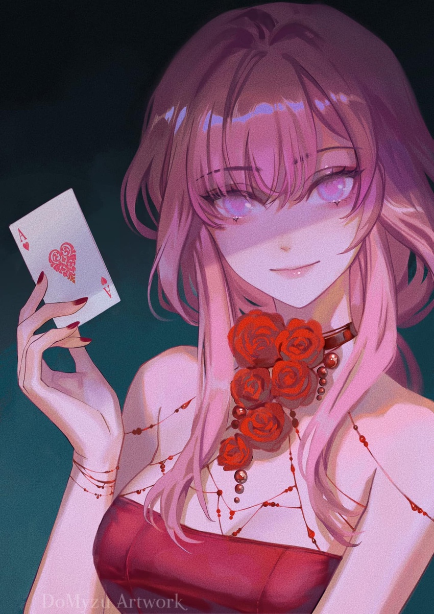 ace_(playing_card) ace_of_hearts alternate_costume bare_shoulders black_background blue_background breasts card choker cleavage commentary do_myzu dress female gradient_background hand_up heart highres holding holding_card honkai:_star_rail honkai_(series) kafka_(honkai:_star_rail) long_hair medium_breasts nail_polish playing_card purple_eyes purple_hair red_dress red_nails solo upper_body