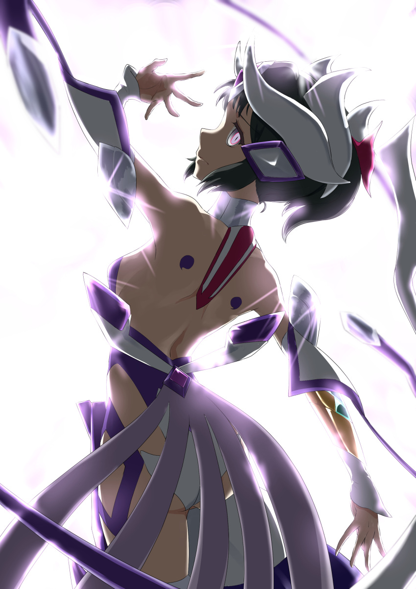 absurdres backless_bodysuit bare_shoulders black_hair bodysuit bracelet female forehead_jewel headgear headphones highres horns jewelry kohinata_miku medium_hair panties purple_bodysuit purple_eyes ringed_eyes senki_zesshou_symphogear shem-ha sidelocks underwear white_panties yagikan_(caru2338)