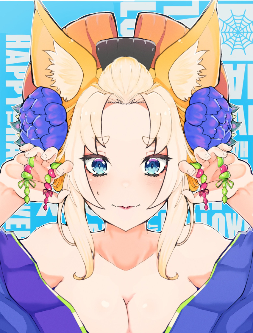 animal_ears bare_shoulders blonde_hair blue_eyes blue_flower blush breasts closed_mouth commentary female flower fox_ears fox_girl hair_flower hair_ornament hands_up highres japanese_clothes kimono large_breasts lipstick looking_at_viewer makeup off_shoulder purple_flower re:zero_kara_hajimeru_isekai_seikatsu ribbon solo symbol-only_commentary white_hair yorna_mishigure zerobarto