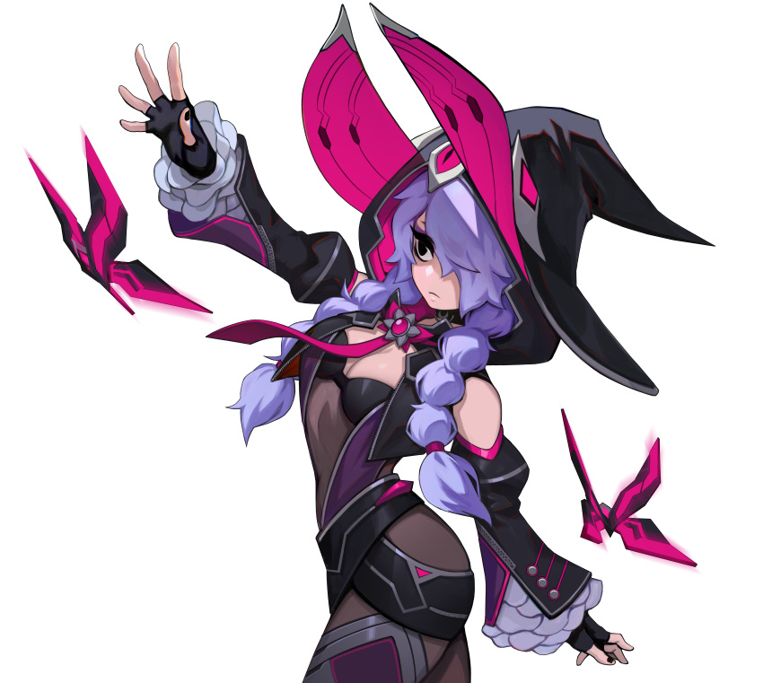 absurdres black_eyes bodysuit breasts bug butterfly cleavage detached_sleeves era_(omega_strikers) expressionless female fingerless_gloves gloves hat highres light_frown liyart official_art omega_strikers purple_hair solo transparent_background twintails witch_hat