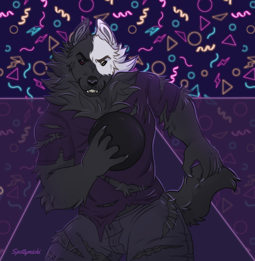 absurd_res anthro azki_(azki_wolf) black_body black_fur bowling bowling_ball canid canine canis clothing fur heterochromia hi_res male mammal mythological_canine mythological_creature mythology solo spottymichi teeth torn_clothing were werecanid werecanine werewolf white_body white_fur wolf