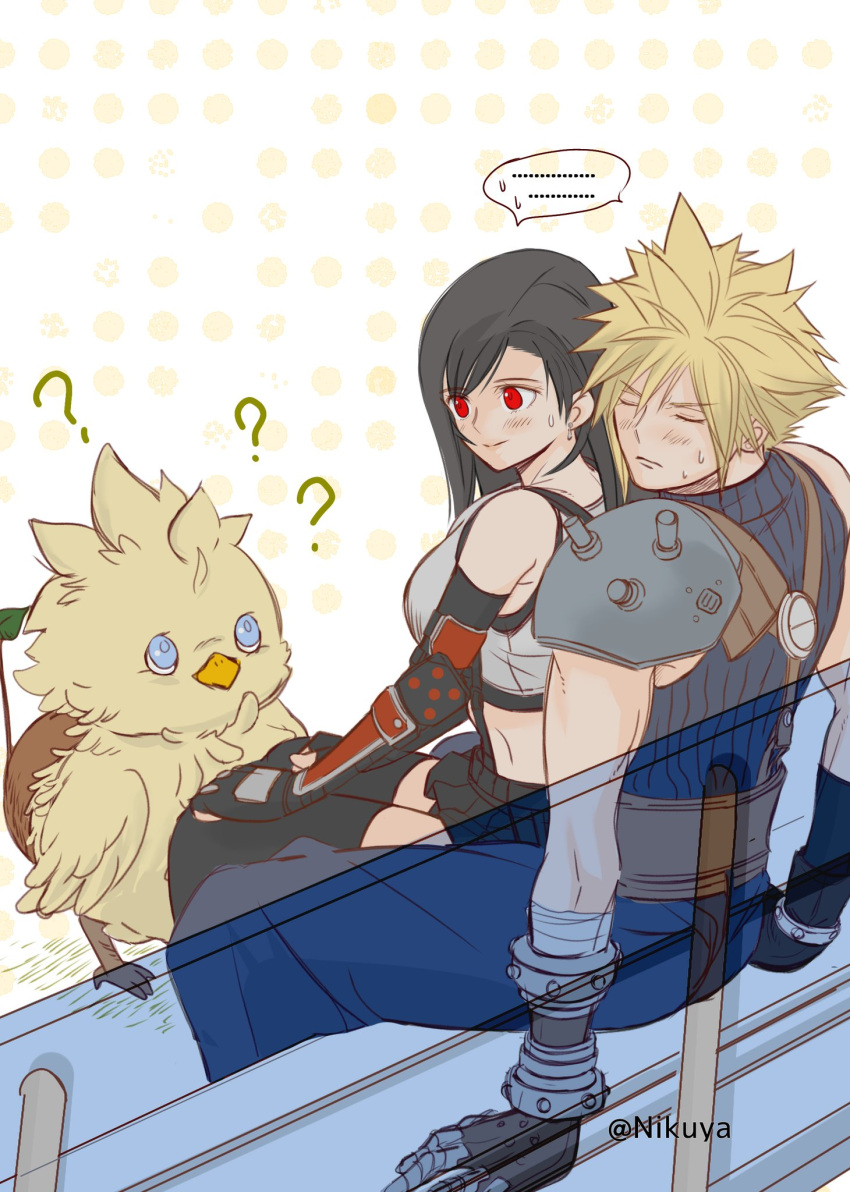 ... 1boy 1other ? bench bird black_hair blonde_hair blush chick chocobo cloud_strife female final_fantasy final_fantasy_vii final_fantasy_vii_rebirth final_fantasy_vii_remake gauntlets gloves hands_on_own_knees highres implied_sex mixed-language_commentary nervous nikuya_(nikuya888) single_arm_guard single_gauntlet single_shoulder_pad sitting sitting_on_lap sitting_on_person sleeveless sleeveless_turtleneck spoken_ellipsis suspenders thighhighs tifa_lockhart turtleneck