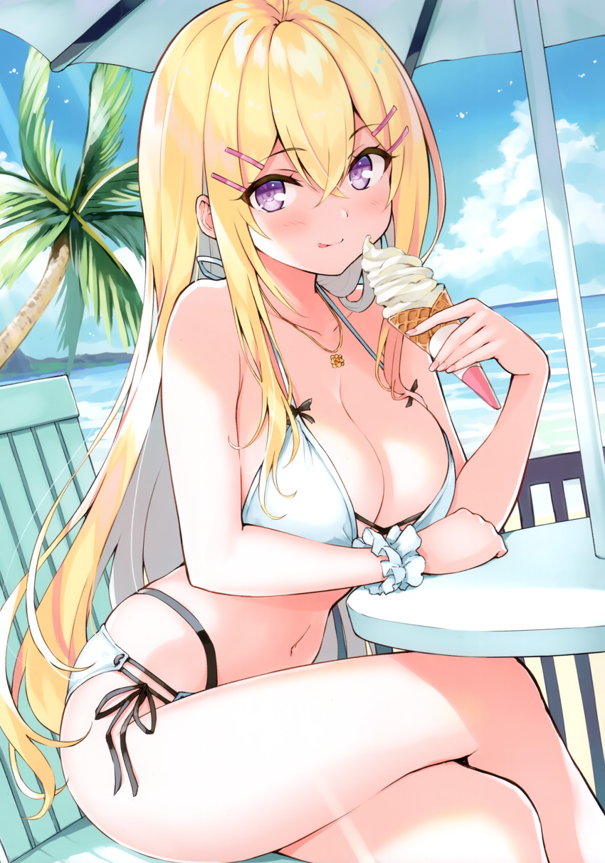 absurdres bare_shoulders bikini blonde_hair blue_sky blush breasts chair cleavage cloud cloudy_sky cu-no day female fingernails food hair_ornament hairclip hakurei_botan halterneck highres hisen_kaede holding holding_food ice_cream ice_cream_cone jewelry long_hair looking_at_viewer medium_breasts navel necklace ocean outdoors palm_leaf palm_tree purple_eyes scan scrunchie side-tie_bikini_bottom sitting sky smile soft_serve solo stomach string_bikini swimsuit table thighs tongue tongue_out tree water white_bikini wrist_scrunchie