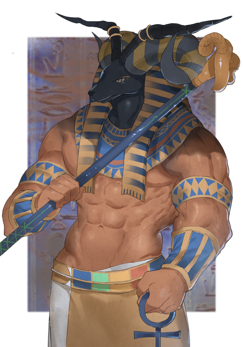 1boy abs animal_head ankh bara cowboy_shot curled_horns dark_skin deer_head dougaku_(passionpit777) egyptian egyptian_mythology highres holding holding_staff horns khnum large_pectorals male_focus mixed_horns multiple_horns muscular muscular_male navel pectorals solo staff standing stomach topless_male v-taper