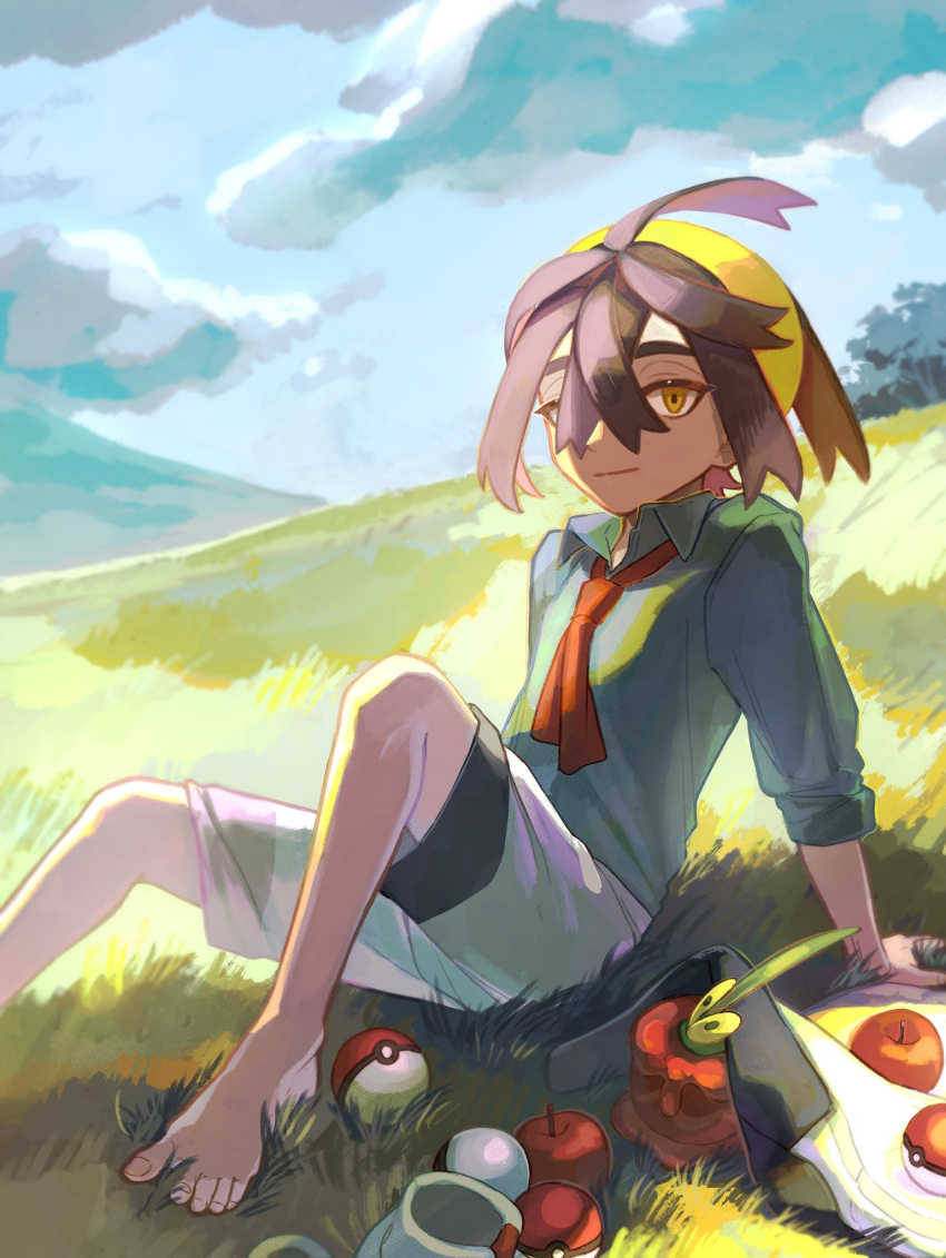 1boy ahoge arm_support barefoot closed_mouth cloud collared_shirt crossed_bangs day dipplin feet field foot_out_of_frame grass green_shirt hair_between_eyes highres kieran_(pokemon) knee_up knees leaning_back male_focus merst_pere necktie outdoors poke_ball poke_ball_(basic) pokemon pokemon_(creature) pokemon_sv shirt short_hair shorts sitting sky toenails toes yellow_eyes