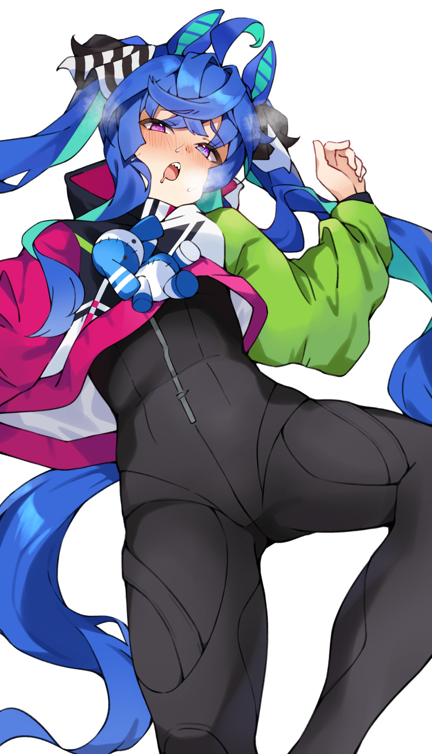 @_@ absurdres ahoge animal_ears black_bodysuit blue_hair blush bodysuit breath commentary_request crossed_bangs crotch drooling feet_out_of_frame female heavy_breathing heterochromia highres hood hoodie horse_ears horse_girl horse_tail long_hair long_sleeves looking_at_viewer lying mouth_drool on_back open_mouth pink_eyes pirukusu purple_eyes sharp_teeth simple_background solo stuffed_animal stuffed_rabbit stuffed_toy sweat tail teeth twin_turbo_(umamusume) twintails umamusume white_background