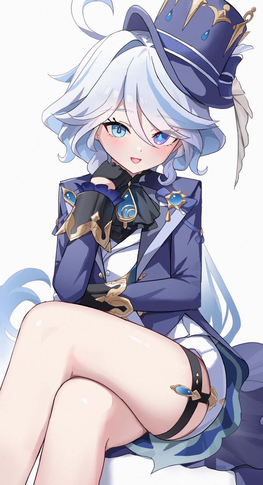 absurdres aftamc ascot black_ascot black_gloves blue_eyes blue_gemstone blue_hair blue_hat blue_jacket blush commentary cowlick crossed_legs drop-shaped_pupils female furina_(genshin_impact) gem genshin_impact gloves hair_between_eyes hat heterochromia highres jacket legs long_hair long_sleeves looking_at_viewer mismatched_pupils multicolored_hair open_mouth short_shorts shorts simple_background smile solo symbol-shaped_pupils thigh_strap top_hat white_background white_gloves white_hair white_shorts