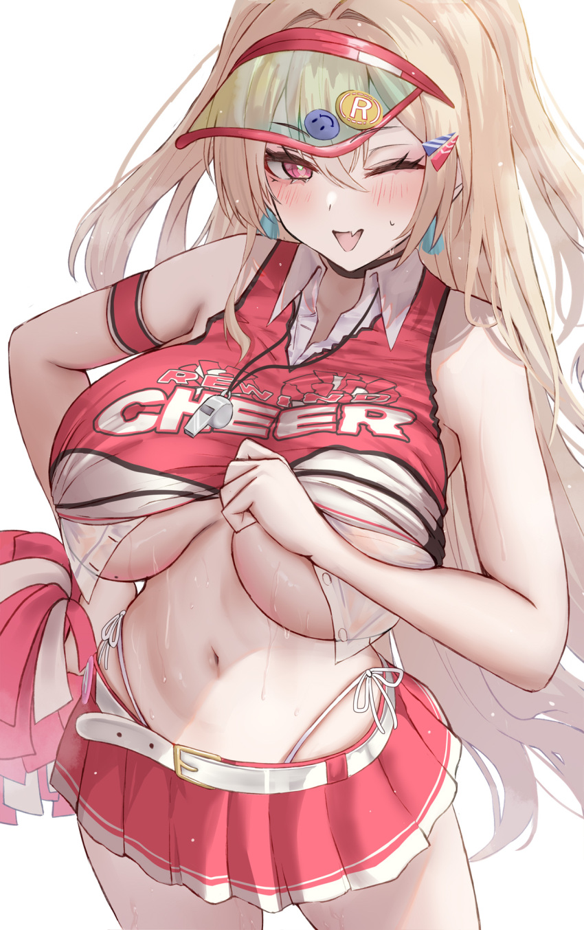 ;d blonde_hair breasts clay_(nikke) female goddess_of_victory:_nikke heart heart-shaped_pupils highres holding holding_pom_poms large_breasts looking_at_viewer miniskirt navel oerba_yun_fang one_eye_closed pleated_skirt pom_pom_(cheerleading) red_eyes red_skirt satou_aji simple_background skirt smile solo stomach sweat symbol-shaped_pupils visor_cap whistle whistle_around_neck white_background