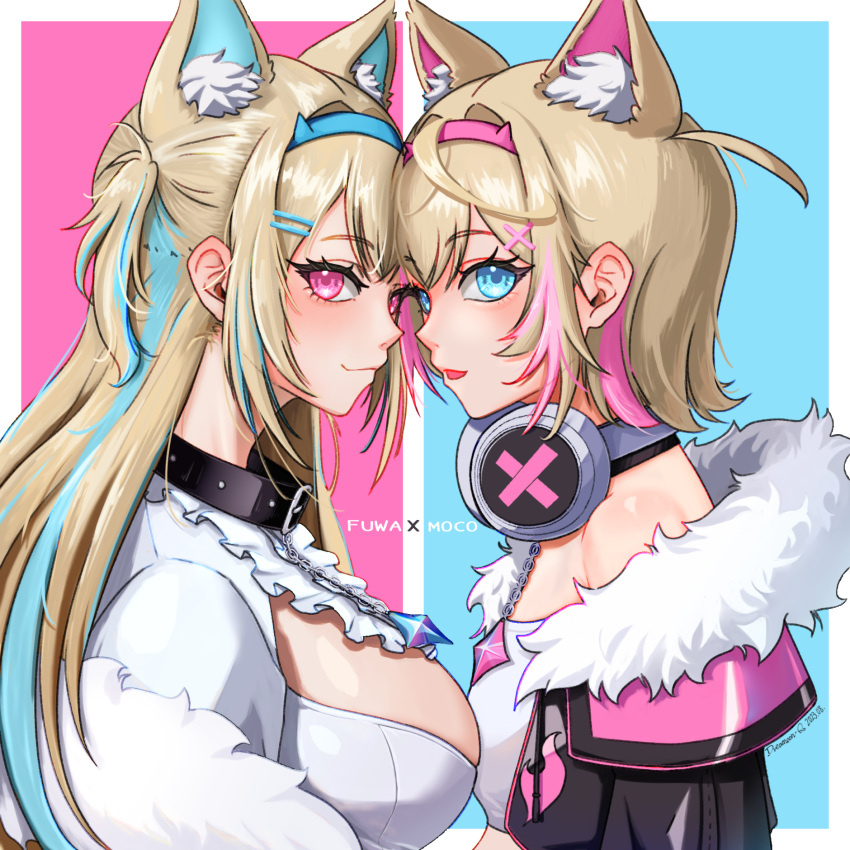 2girls animal_collar animal_ear_fluff animal_ears artist_name belt_collar black_collar black_jacket blue_brooch blue_eyes blue_hair blue_hairband blush border breasts closed_mouth collar dated detached_collar dog_ears dog_girl dreamoon-q dress eyelashes fake_horns flat_chest frilled_shirt_collar frills from_side fur-trimmed_jacket fur_trim fuwawa_abyssgard fuwawa_abyssgard_(1st_costume) hair_ornament hairband hairclip headphones headphones_around_neck heads_together highres hololive hololive_english horns jacket large_breasts light_brown_hair long_hair looking_at_viewer mococo_abyssgard mococo_abyssgard_(1st_costume) multicolored_hair multiple_girls off_shoulder outside_border parted_lips pink_brooch pink_eyes pink_hair pink_hairband profile shirt short_hair siblings sisters smile streaked_hair twins two_side_up upper_body virtual_youtuber white_border white_dress white_shirt x_hair_ornament