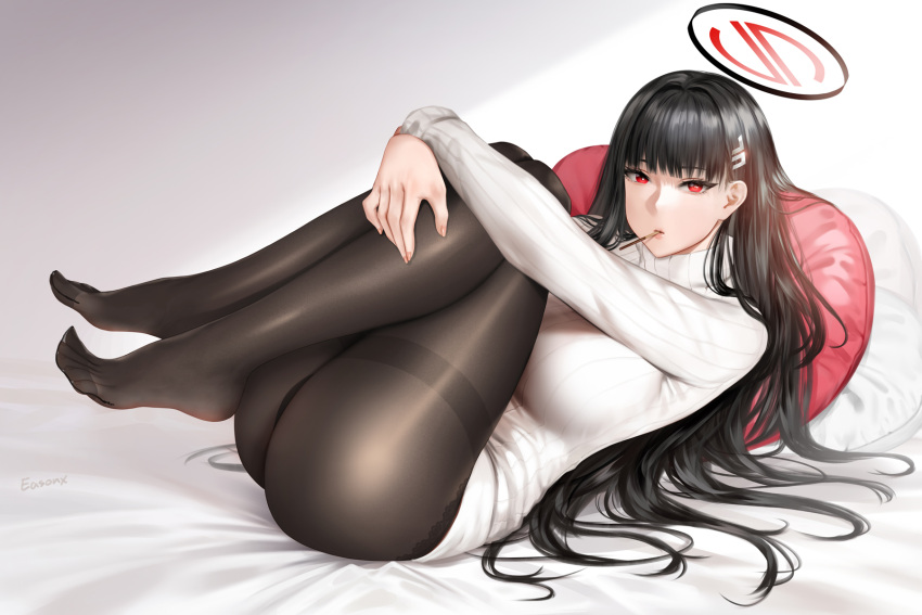 ass black_hair black_panties black_pantyhose blue_archive blunt_bangs breasts bright_pupils easonx english_commentary feet female food food_in_mouth hair_ornament hairclip halo highres huge_breasts knees_up legs long_hair long_sleeves lying mixed-language_commentary no_shoes on_back panties panties_under_pantyhose pantyhose pocky pocky_in_mouth red_eyes rio_(blue_archive) solo sweater thighband_pantyhose toes turtleneck turtleneck_sweater underwear variant_set very_long_hair white_sweater