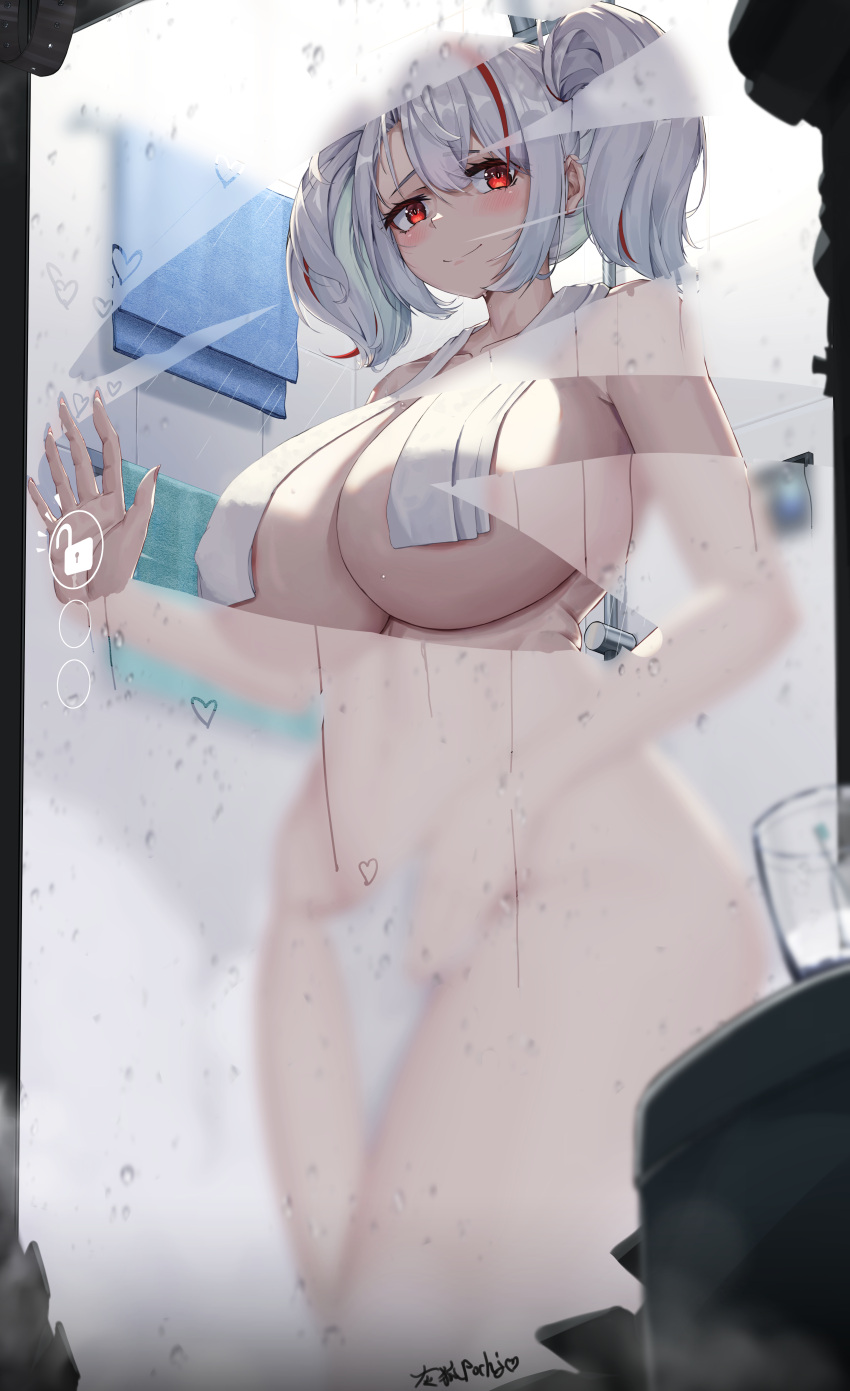 absurdres areola_slip azur_lane blue_towel breasts condensation female grayfoxpochi hand_on_glass highres huge_breasts indoors long_hair multicolored_hair prinz_adalbert_(azur_lane) prinz_adalbert_(bathroom_slip_up)_(azur_lane) red_eyes red_hair shower_(place) solo streaked_hair tile_wall tiles twintails two-tone_hair white_hair white_towel