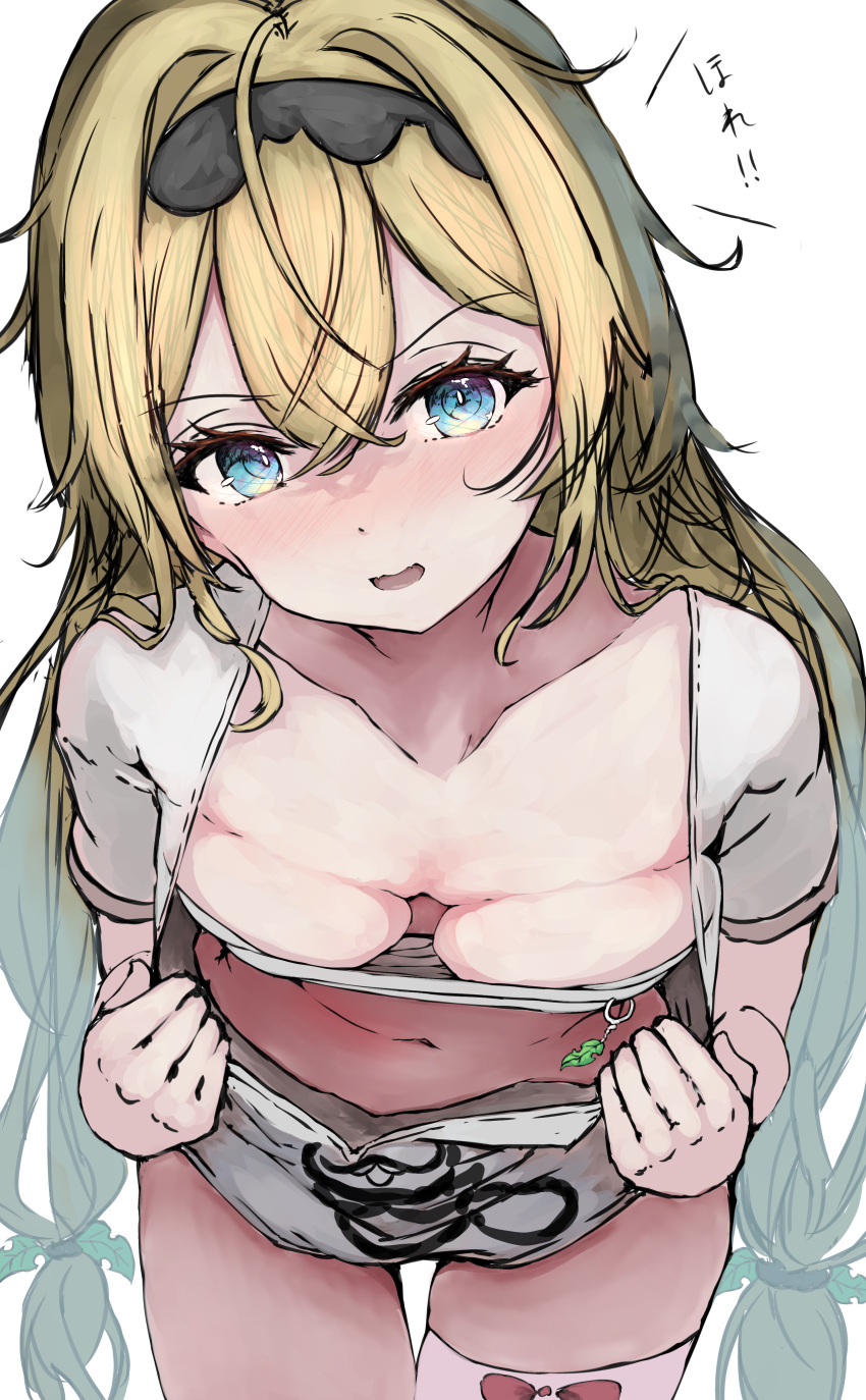 absurdres aqua_eyes blonde_hair breasts chest_sarashi collarbone female hair_between_eyes hairband highres hololive kazama_iroha long_hair looking_at_viewer medium_breasts navel open_clothes open_mouth open_shirt sarashi solo stomach tazrn1 very_long_hair virtual_youtuber white_background