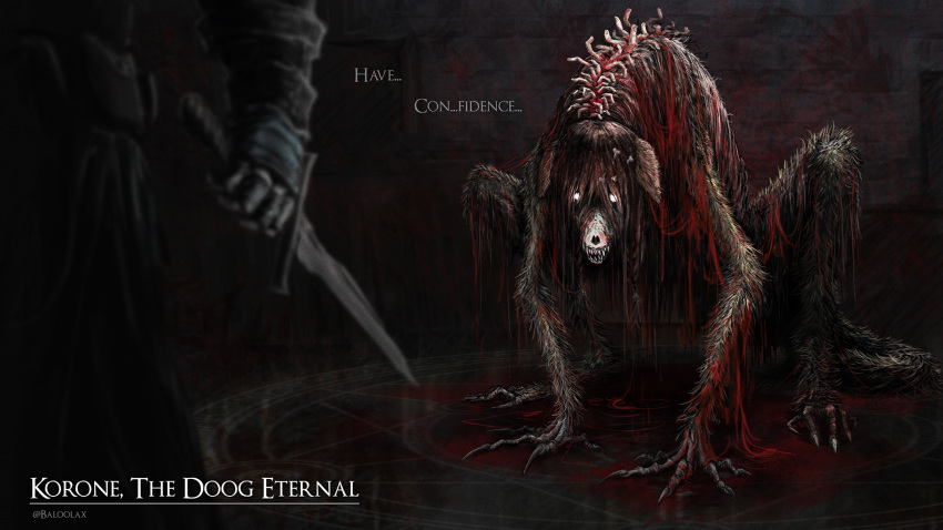 animal_ears artist_name baloolax blood blood-starved_beast blood-starved_beast_(cosplay) bloodborne braid claws cosplay crossover dog_ears english_text fullmetal_alchemist guro highres holding holding_weapon hololive horror_(theme) hunter_(bloodborne) inugami_korone magic_circle monster shou_tucker's_chimera skull twin_braids virtual_youtuber weapon white_eyes