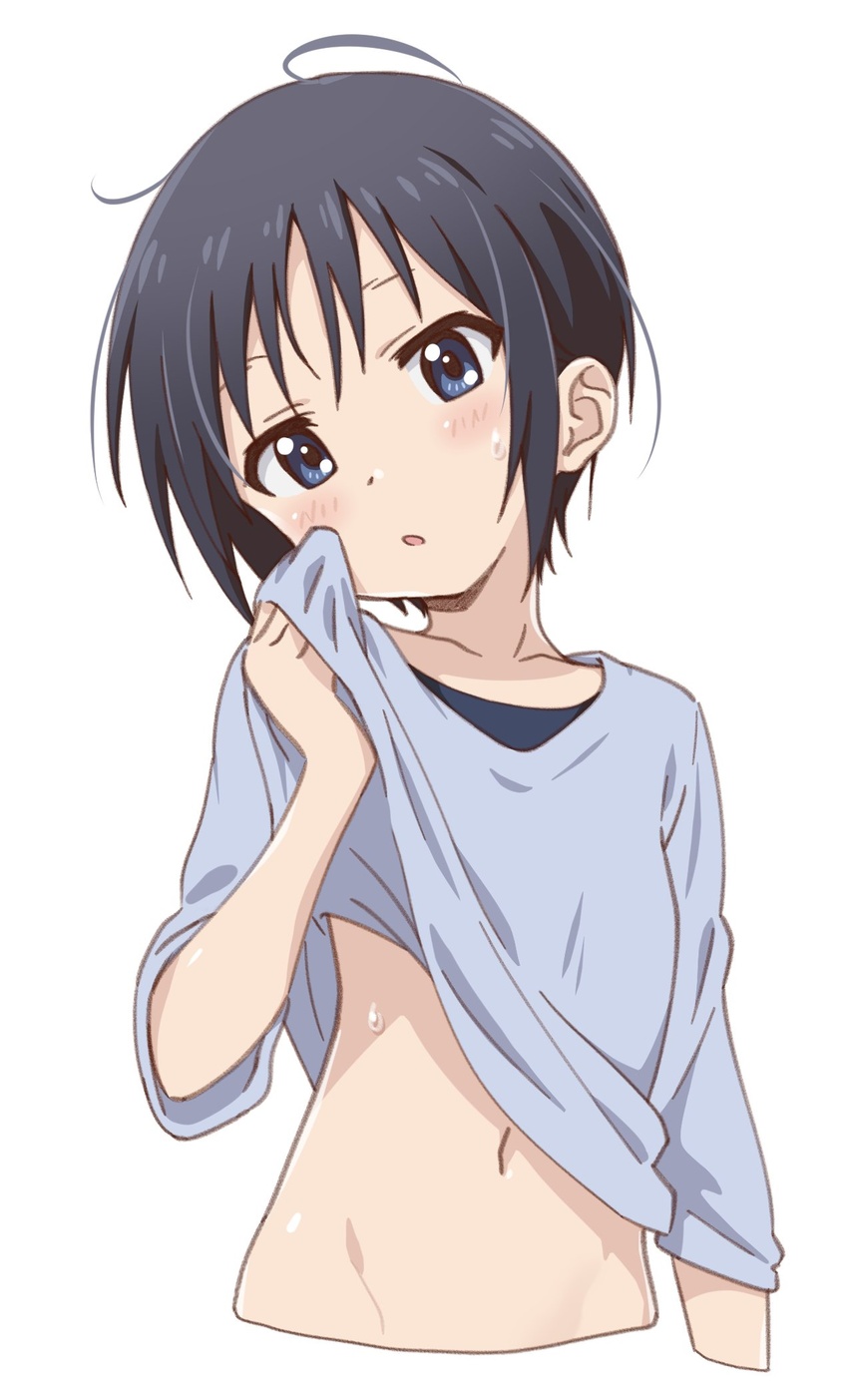 black_hair blue_eyes blush bottomless clothes_lift female highres kurosaki_honoka midiman midriff navel no_panties no_pants shirt_lift short_hair simple_background sweat white_background yama_no_susume