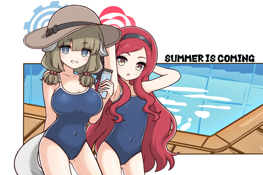 2girls bare_arms bare_legs bare_shoulders black_hairband black_one-piece_swimsuit blue_archive blue_halo blush breasts brown_hair brown_hat cleavage covered_navel generic_33 green_eyes grin hairband halo hat innertube large_breasts long_hair looking_at_viewer multiple_girls one-piece_swimsuit pool red_hair red_halo school_swimsuit short_eyebrows small_breasts smile swim_ring swimsuit takane_(blue_archive) water yakumo_(blue_archive) yellow_eyes