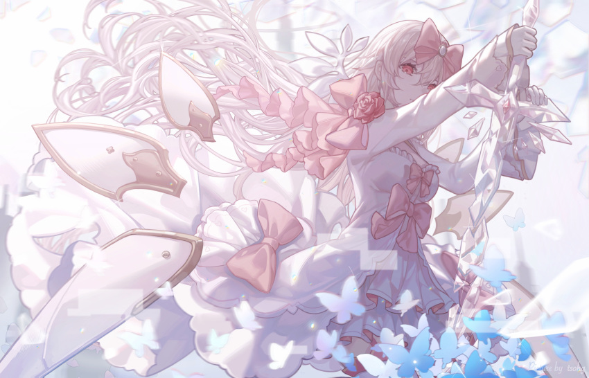 absurdres arcaea bow breasts broken_glass bug butterfly dress female flower glass hairbow highres hikari_(arcaea) hikari_(fatalis)_(arcaea) holding holding_sword holding_weapon long_sleeves pink_bow pink_eyes rose solo sword tsohg weapon white_dress white_hair