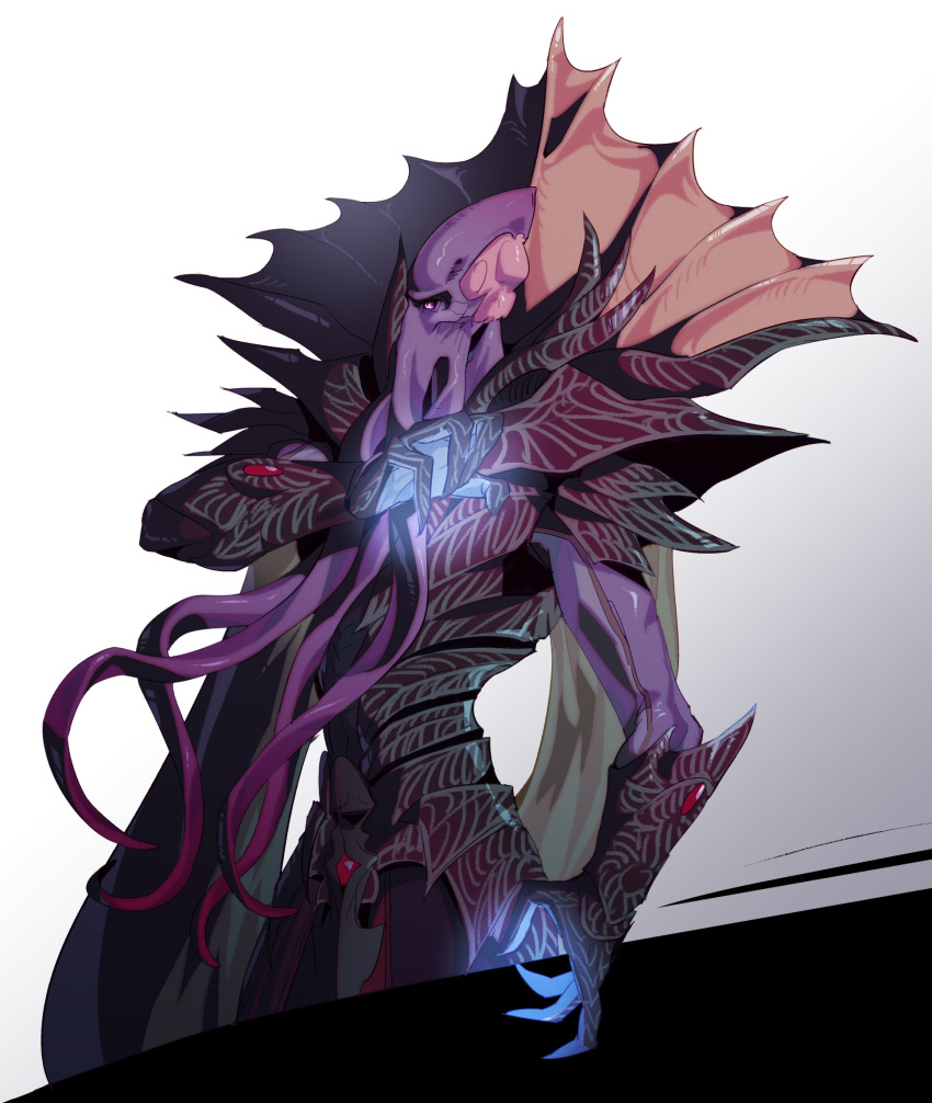 1boy baldur's_gate baldur's_gate_3 colored_skin cowboy_shot dungeons_&_dragons elbow_gloves exposed_brain fewer_digits fingernails from_side gloves glowing_hands gspearind highres looking_ahead male_focus mindflayer octopus_boy pink_eyes purple_gloves purple_robe purple_skin robe sharp_fingernails simple_background slit_pupils solo standing tentacle the_emperor_(baldur's_gate) two-tone_background white_background