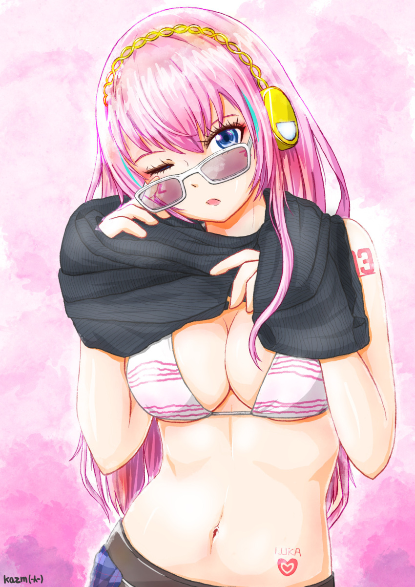 artist_name bikini black_sweater blue_eyes blue_skirt body_writing breasts commentary_request cowboy_shot female hair_between_eyes highres kazm00 leo/need_luka long_hair looking_at_viewer medium_breasts megurine_luka navel number_tattoo one_eye_closed pink_background pink_hair project_sekai shoulder_tattoo skirt solo standing stomach sweater swimsuit tattoo undressing vocaloid white_bikini yellow_headphones