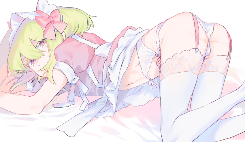 1boy alternate_costume apron ass back_bow bed_sheet blonde_hair blush bow crossdressing dress from_side garter_belt lio_fotia looking_at_viewer maid maid_apron maid_headdress male_focus moegi0926 navel otoko_no_ko panties pink_dress promare puffy_short_sleeves puffy_sleeves purple_eyes short_hair short_sleeves simple_background solo thighhighs thighs top-down_bottom-up underwear white_background white_panties white_thighhighs