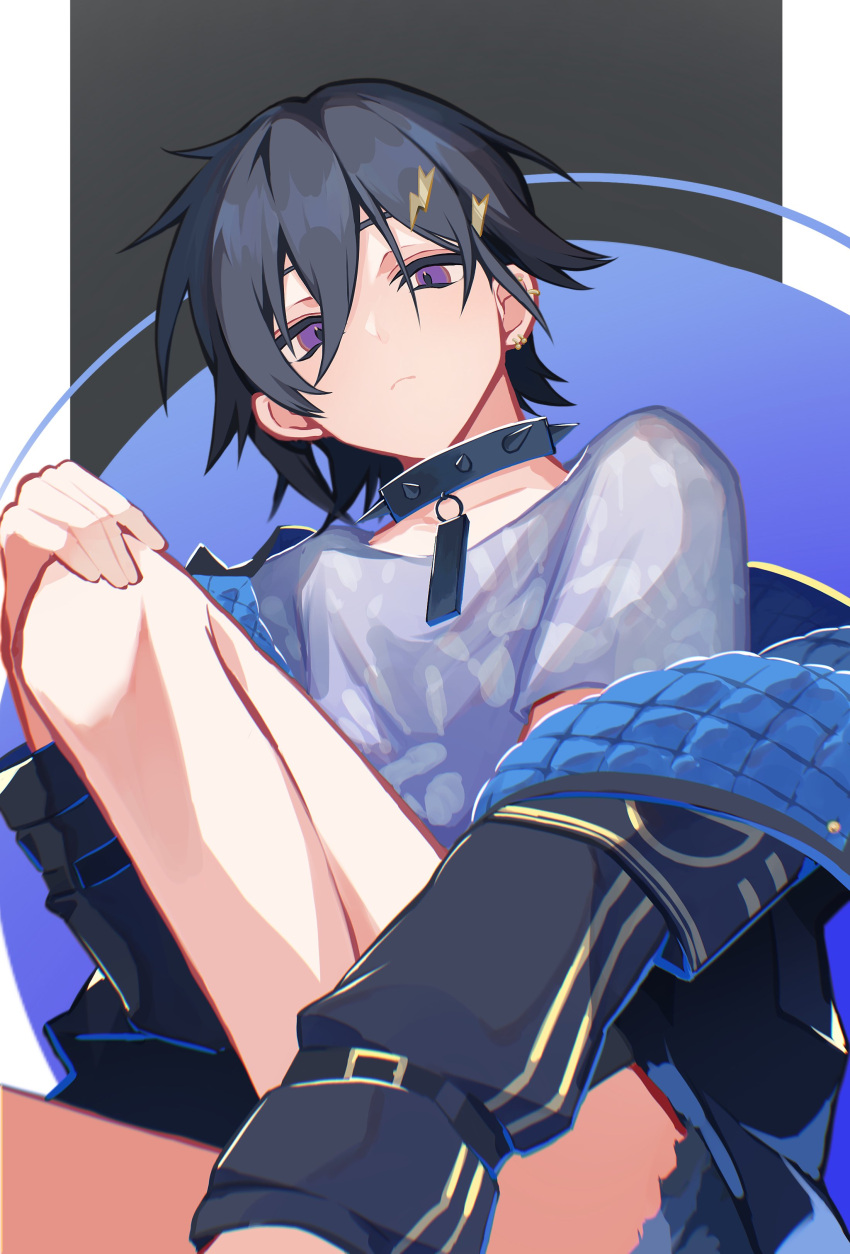 1boy absurdres bishounen black_hair closed_mouth collar commentary denim denim_shorts earrings eyelashes hair_between_eyes hair_ornament hairclip half-closed_eyes handprint highres holostars jacket jewelry kanade_izuru kanade_izuru_(1st_costume) knee_up lightning_bolt_hair_ornament lightning_bolt_symbol looking_at_viewer male_focus mg_ytm off_shoulder padded_jacket purple_eyes shirt short_hair shorts solo spiked_collar spikes two-sided_fabric two-sided_jacket virtual_youtuber