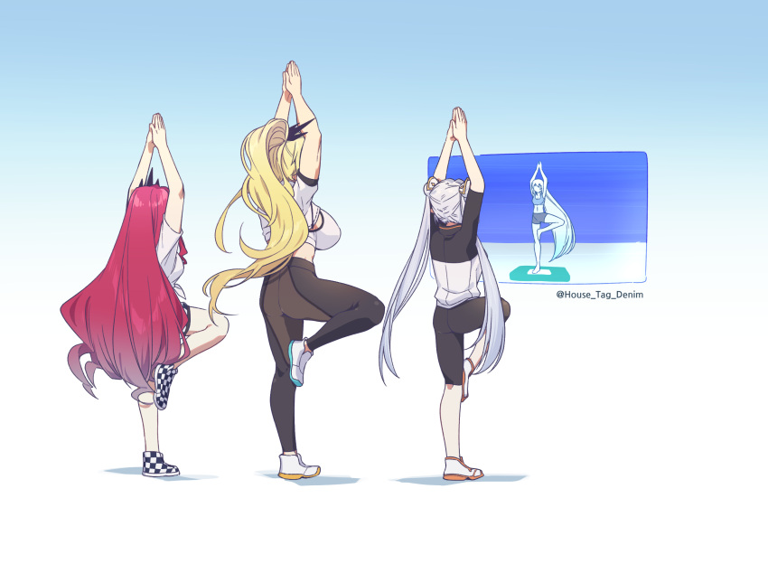 4girls arms_up baobhan_sith_(fate) barghest_(fate) blonde_hair bow breasts britomart_(fate) checkered_shoes colored_skin cosplay crop_top double_bun fate/grand_order fate_(series) grey_hair hair_bun hair_ornament hairbow highres horns house_tag_denim large_breasts long_hair midriff morgan_le_fay_(fate) multiple_girls navel pants pink_hair ponytail sidelocks spandex standing standing_on_one_leg stretching tall_female tank_top tiara twintails very_long_hair white_skin wii_fit wii_fit_trainer wii_fit_trainer_(female) wii_fit_trainer_(female)_(cosplay) yoga_pants