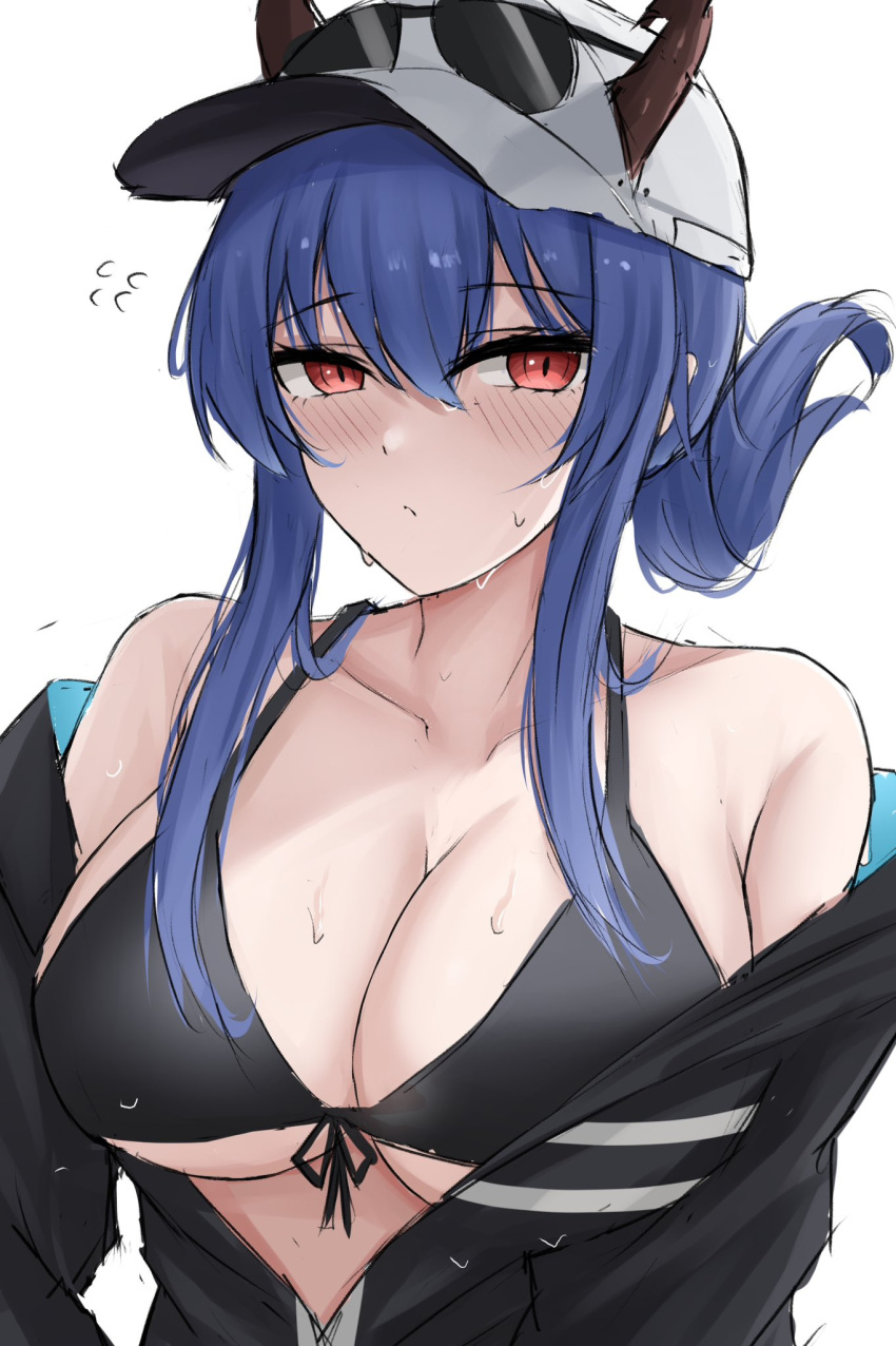 arknights bare_shoulders baseball_cap bikini black_bikini black_jacket blush breasts ch'en_(arknights) cleavage closed_mouth collarbone commentary dragon_girl dragon_horns english_commentary eyewear_on_headwear female female_tourist_c_(arknights) folded_ponytail hair_between_eyes hat highres horns horns_through_headwear jacket large_breasts looking_at_viewer namikare official_alternate_costume open_clothes open_jacket red_eyes sidelocks simple_background solo sunglasses swimsuit upper_body wet white_background white_hat