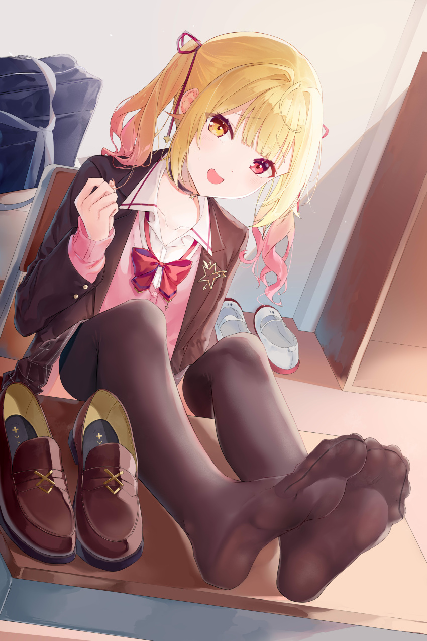 absurdres black_choker black_serafuku black_thighhighs blazer blonde_hair buttoned_cuffs buttons choker feet feet_on_table feet_up female foot_focus hair_ribbon highres hoshikawa_sara hoshikawa_sara_(4th_costume) jacket kou_futoshi legs legs_together long_hair long_sleeves looking_at_viewer nijisanji no_shoes open_mouth paid_reward_available red_eyes ribbon school_uniform serafuku shoes side_ponytail skirt soles thighhighs toenails toes uniform unworn_shoes virtual_youtuber yellow_eyes