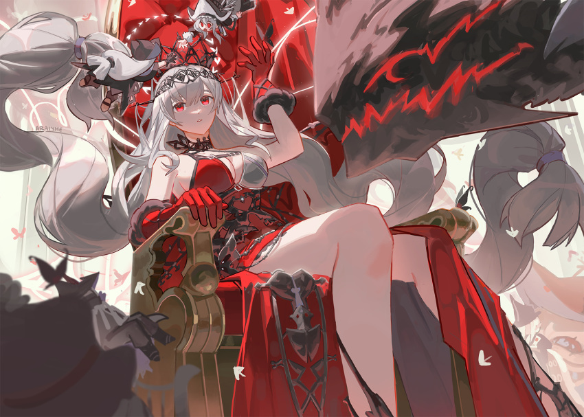 1boy 4girls absurdly_long_hair araiyme arknights arm_up artist_name bare_shoulders breasts cleavage commentary crown dress feet_out_of_frame floating_hair fur-trimmed_gloves fur_trim gladiia_(arknights) gloves grey_hair highres long_hair looking_up low-tied_long_hair multiple_girls official_alternate_costume parted_lips red_dress red_eyes red_gloves sitting sitting_on_throne skadi's_seaborn_(arknights) skadi_(arknights) skadi_the_corrupting_heart_(arknights) skadi_the_corrupting_heart_(red_countress)_(arknights) sleeveless sleeveless_dress solo_focus specter_(arknights) twintails ulpianus_(arknights) very_long_hair