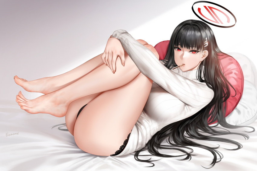 ass barefoot black_hair black_panties blue_archive blunt_bangs breasts bright_pupils easonx english_commentary feet female food food_in_mouth hair_ornament hairclip halo highres huge_breasts knees_up legs long_hair long_sleeves lying mixed-language_commentary on_back panties pocky pocky_in_mouth red_eyes rio_(blue_archive) solo sweater toenails toes turtleneck turtleneck_sweater underwear variant_set very_long_hair white_sweater