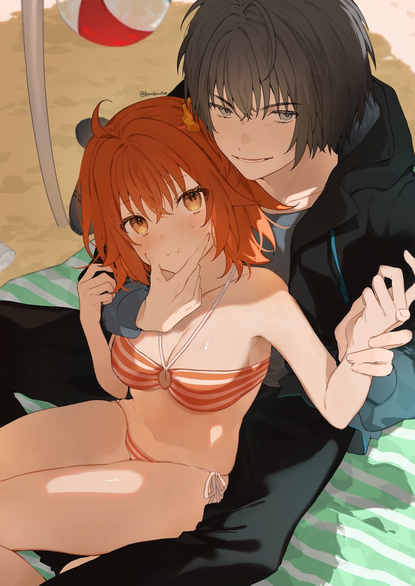 1boy ahoge beach bikini black_hair black_jacket black_pants blue_shirt blush breasts cheek_squash cleavage drawstring fate/grand_order fate_(series) female fujimaru_ritsuka_(female) fujimaru_ritsuka_(female)_(brilliant_summer) grabbing_another's_hand grey_eyes hair_between_eyes hair_ornament hair_scrunchie highres hood hooded_jacket jacket long_sleeves looking_at_viewer medium_breasts navel o-ring o-ring_bikini o-ring_top oberon_(fate) oberon_(moody_summer_oberon)_(fate) official_alternate_costume one_side_up orange_bikini orange_eyes orange_hair orange_scrunchie pants romo827 scrunchie shirt short_hair side_ponytail sitting sitting_on_lap sitting_on_person smile striped_bikini striped_clothes swimsuit yellow_scrunchie