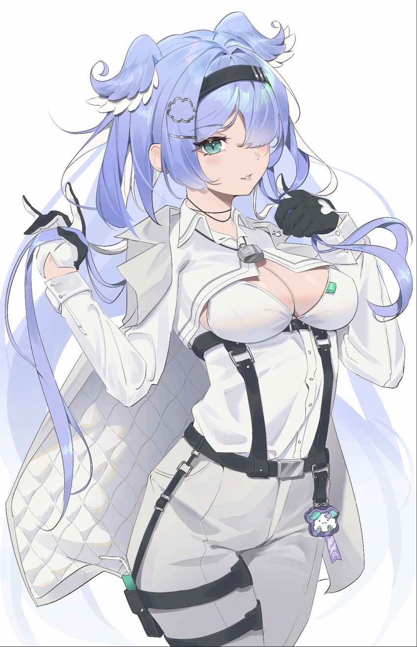 aqua_eyes bea_lenoir belt black_belt black_gloves black_headband blue_hair blue_wings breasts cleavage coat coat_on_shoulders elira_pendora elira_pendora_(4th_costume) famelira_(elira_pendora) female gloves grey_coat grey_pants hair_ornament hair_over_one_eye hairclip head_wings headband highres large_breasts long_hair nijisanji nijisanji_en one_eye_covered pants solo thigh_belt thigh_strap virtual_youtuber wings