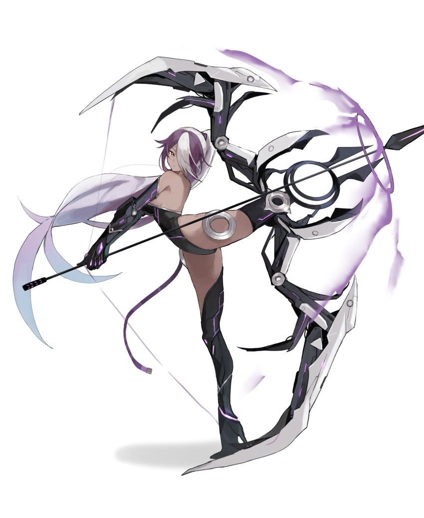 black_leotard bow_(weapon) dark-skinned_female dark_skin female full_body hair_over_one_eye high_heels highres leotard long_hair mechanical_arms mechanical_legs multicolored_hair one_eye_covered ponytail purple_hair second-party_source simple_background sky_striker_ace_-_azalea solo strapless strapless_leotard tamamonekor two-tone_hair very_long_hair weapon white_background white_hair yu-gi-oh!