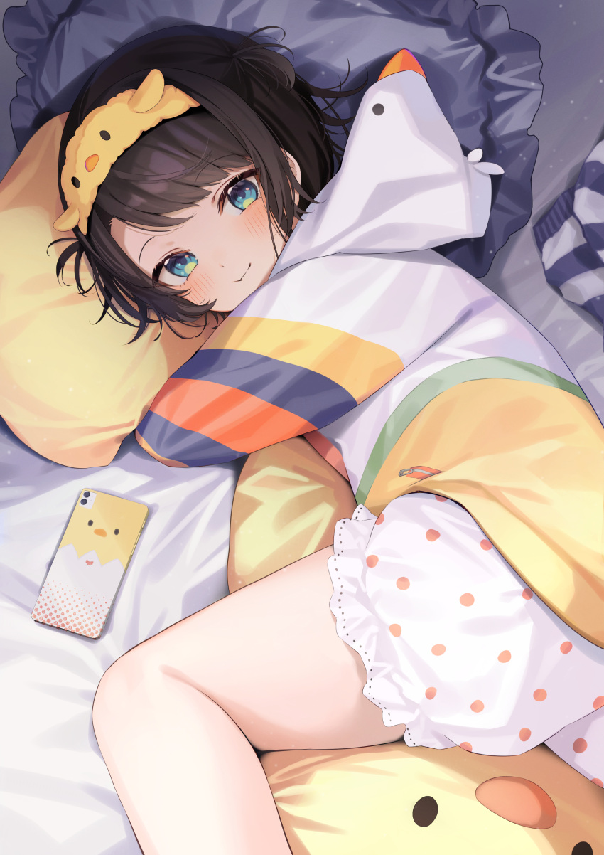 absurdres bird_hood black_hair bloomers blue_eyes blush cellphone closed_mouth commentary_request duck_hood female hairband highres hololive hugging_object long_sleeves looking_at_viewer lying official_alternate_costume on_bed on_side oozora_subaru oozora_subaru_(loungewear) phone pillow pillow_hug polka_dot polka_dot_bloomers setokane short_hair smartphone smile solo swept_bangs two_side_up underwear virtual_youtuber white_bloomers yellow_hairband