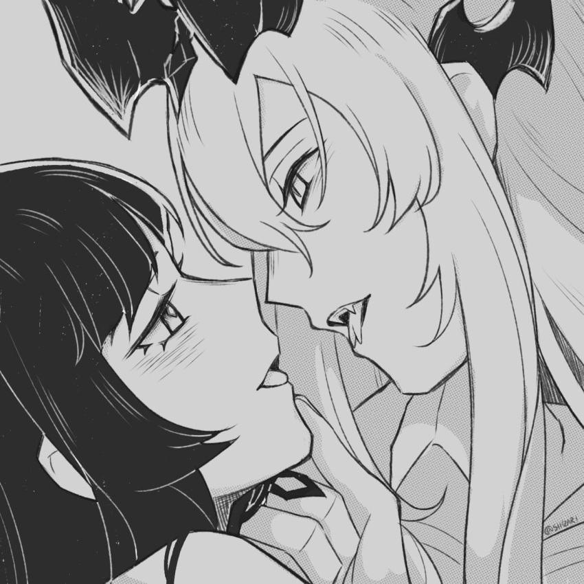 2girls arknights artist_name blunt_bangs blush close-up commentary crosshatching dragon_girl dragon_horns eblana_(arknights) english_commentary eye_contact face-to-face fangs forked_tongue from_side greyscale hair_ornament hair_over_one_eye halftone hand_on_another's_chin hatching_(texture) highres hime_cut horns imminent_kiss jacket jewelry long_hair looking_at_another monochrome multiple_girls multiple_rings naughty_face open_clothes open_jacket open_mouth portrait profile ring seductive_smile sidelocks sihzari simple_background smile straight_hair teeth tongue tongue_out twitter_username upper_teeth_only very_long_hair virtuosa_(arknights) yuri