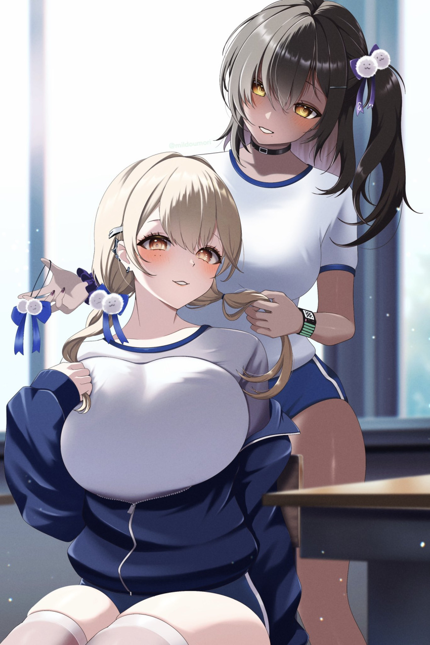 2girls black_hair blonde_hair blue_buruma breasts brown_eyes buruma chair classroom commentary dark-skinned_female dark_skin day dazzling_pearl_(nikke) desk earrings goddess_of_victory:_nikke gyaru gym gym_shirt gym_uniform hair_ornament hair_ribbon hair_tie_in_mouth hairclip highres huge_breasts indoors jewelry large_breasts low_twintails medium_breasts milmil7 mole mole_under_eye mole_under_mouth mouth_hold multiple_girls naga_(nikke) off_shoulder puffy_short_sleeves puffy_sleeves ribbon school_chair school_desk shirt short_sleeves sidelocks sitting t-shirt tail thighhighs thighs tia_(nikke) twintails tying_another's_hair tying_hair white_shirt white_thighhighs window