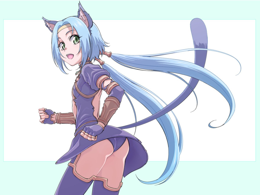 animal_ears ass blue_hair cat_ears cat_tail commentary_request female fingerless_gloves from_behind full_body gloves highres kaien_advance long_hair looking_at_viewer low_twintails meracle_chamlotte open_mouth panties smile solo star_ocean star_ocean_the_last_hope tail thighhighs twintails underwear