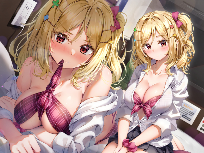 absurdres bed blonde_hair blush bra breast_hold breasts brown_eyes ceiling cleavage closed_mouth collarbone electrical_outlet female hair_ornament hair_ribbon heart heart-shaped_pupils highres indoors kuria_(clear_trip_second) large_breasts long_hair long_sleeves mouth_hold multiple_views naughty_face non-web_source on_bed open_clothes open_shirt original panties plaid plaid_bra pleated_skirt ribbon school_uniform scrunchie shirt sidelocks sitting skirt smile string_panties symbol-shaped_pupils underwear wariza white_shirt wrist_scrunchie