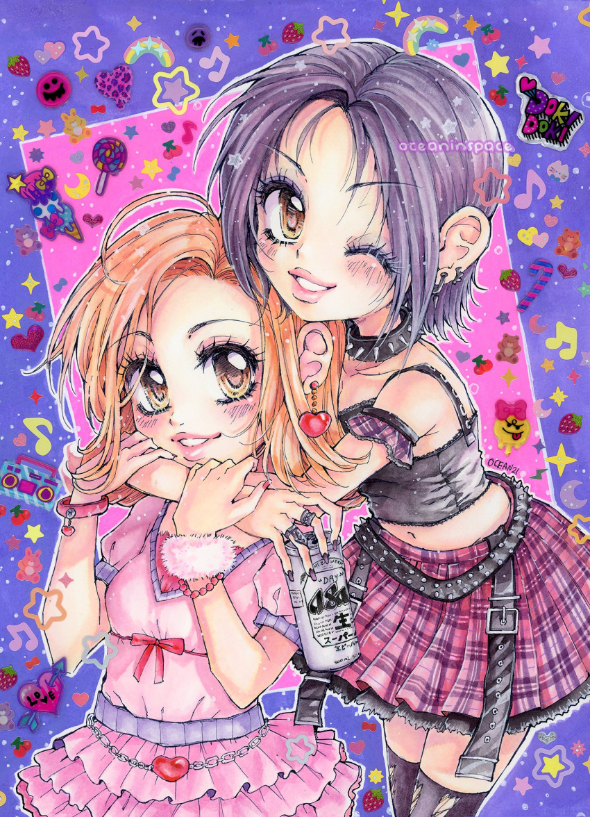 2000s_(style) 2girls belt black_hair bracelet can choker ear_piercing earrings gyaru highres hug jewelry komatsu_nana lipstick looking_at_viewer makeup multiple_girls nail_polish nana_(series) necklace oceaninspace osaki_nana piercing punk short_hair skirt