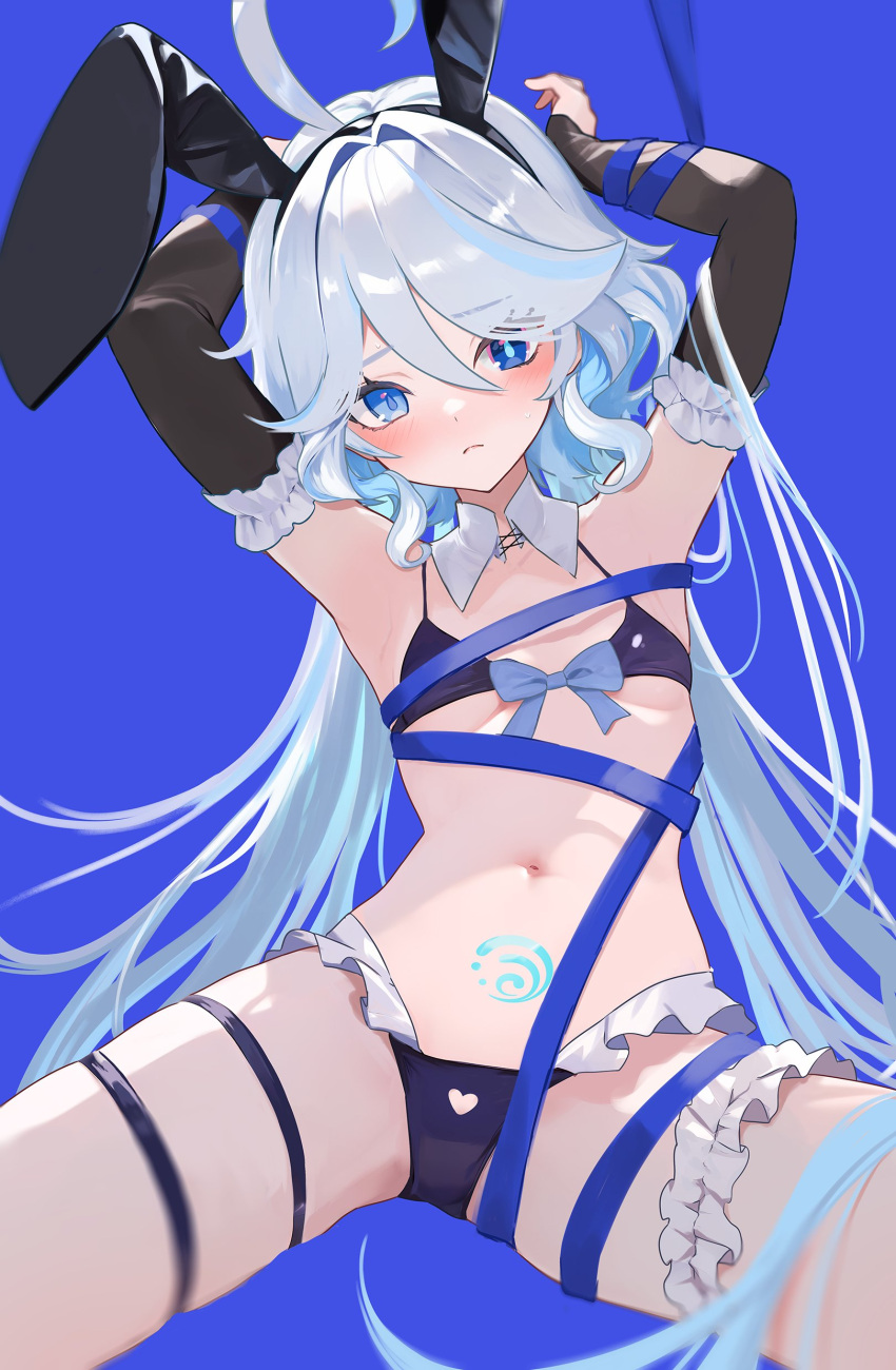 absurdres alternate_costume animal_ears armpits arms_up bikini black_sleeves blue_background blue_bikini blue_eyes blush breasts cowboy_shot detached_collar detached_sleeves drop-shaped_pupils fake_animal_ears female frilled_panties frills front-tie_bikini_top front-tie_top frown furina_(genshin_impact) genshin_impact grey_hair heterochromia highres hydro_symbol_(genshin_impact) long_hair looking_at_viewer navel panties rabbit_ears rrr_gns_(riuriu_1212) small_breasts spread_legs stomach swimsuit symbol-shaped_pupils thigh_strap underwear