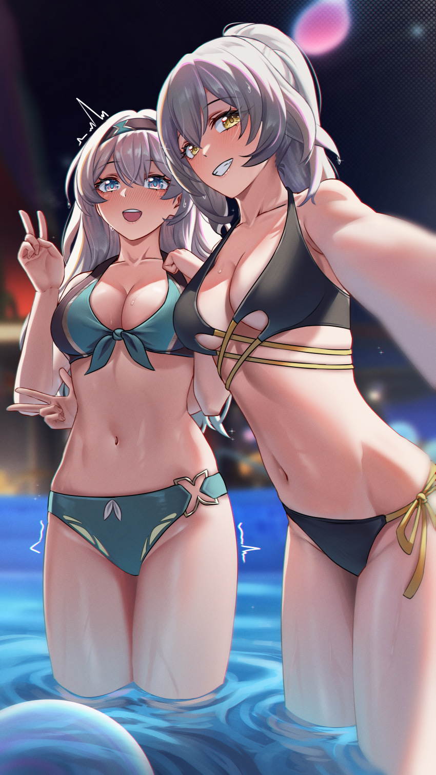 2girls absurdres bikini black_bikini black_hairband breasts cleavage commentary cruzvu english_commentary firefly_(honkai:_star_rail) grey_hair grin groin hairband hand_up highres honkai:_star_rail honkai_(series) long_hair looking_at_viewer medium_breasts multiple_girls navel purple_eyes side-tie_bikini_bottom smile standing stelle_(honkai:_star_rail) stomach swimsuit thighs trailblazer_(honkai:_star_rail) v very_long_hair w wading water yellow_eyes