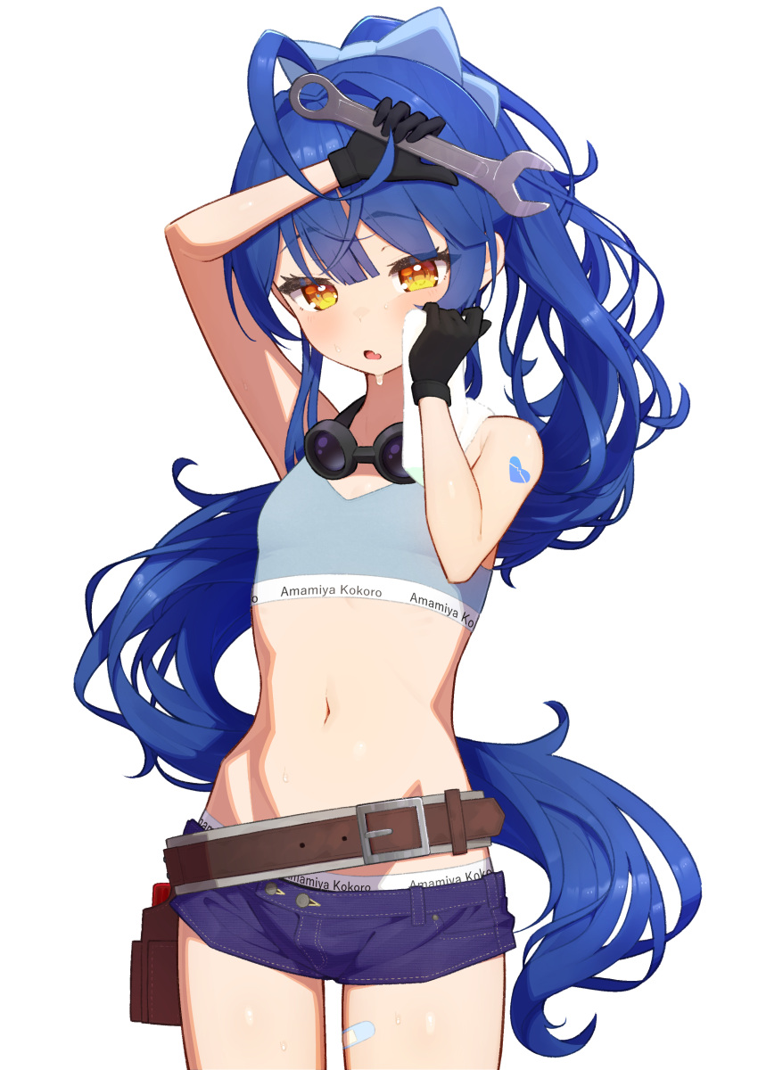 absurdres ahoge alternate_costume alternate_hairstyle amamiya_kokoro arm_tattoo arm_up bandaid_on_thigh bare_shoulders belt belt_buckle blue_shorts blush brown_belt buckle character_name commentary_request cowboy_shot female flat_chest goggles goggles_around_neck grey_sports_bra heart heart_tattoo highres holding holding_wrench long_hair looking_down lunch_boxer midriff navel nijisanji oerba_yun_fang open_mouth orange_eyes ponytail short_shorts shorts simple_background skin_fang solo sports_bra stomach tattoo virtual_youtuber white_background white_towel wiping_sweat wrench