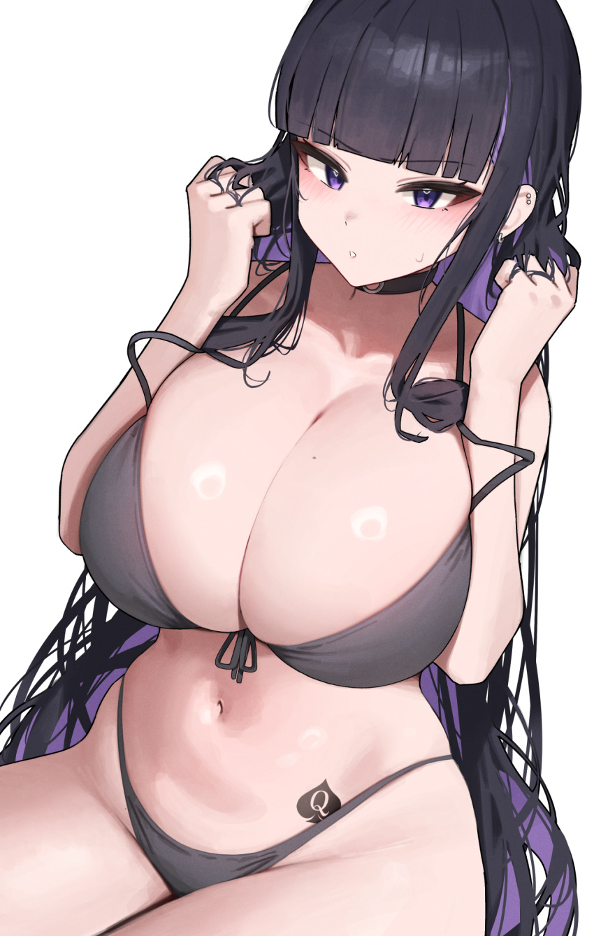 :o bikini black_bikini black_choker black_hair blunt_bangs blush breasts choker ear_piercing earrings female front-tie_bikini_top front-tie_top grabbing_own_hair groin highleg highleg_bikini highres huge_breasts jewelry long_hair looking_ahead mole mole_on_breast multicolored_hair navel original piercing purple_hair simple_background sitting solo spade_tattoo stomach straight_hair string_bikini sweat swimsuit tattoo two-tone_hair very_long_hair white_background yzr_(yzr99)