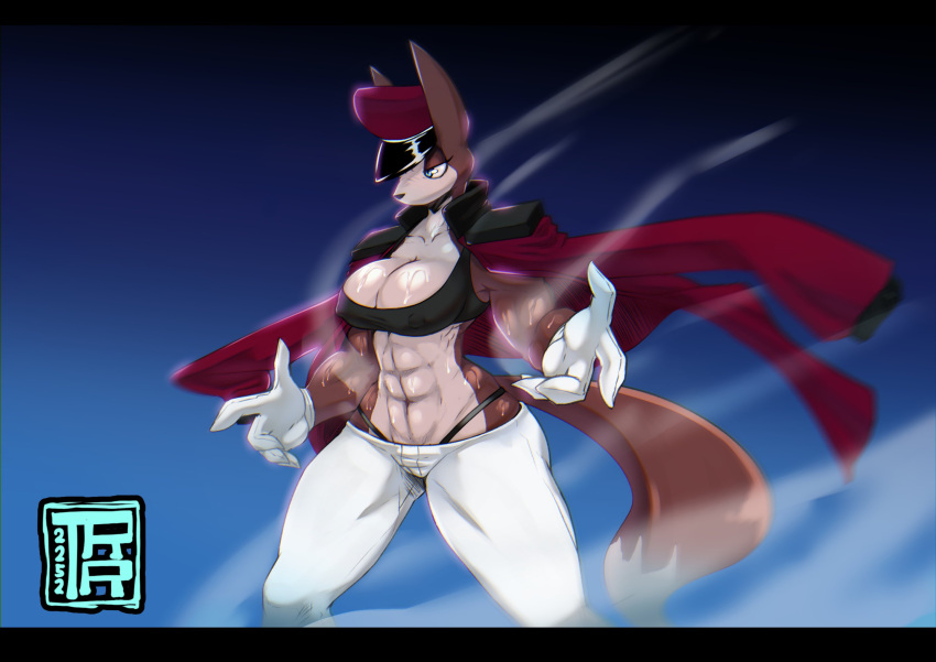 abs anthro athletic athletic_female big_breasts bodily_fluids bottomwear breasts canid canine cleavage clothed clothing female fur hat headgear headwear hi_res mammal multicolored_body multicolored_fur panties pants solo sweat teaspoon two_tone_body two_tone_fur underwear wide_hips