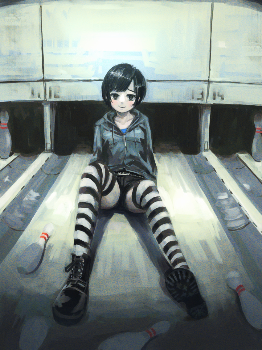 absurdres black_eyes black_footwear black_hair black_shorts boots bowling_alley bowling_pin closed_mouth female grey_hoodie highres hood hoodie okura_lino on_floor original scenery shorts smile solo striped_clothes striped_thighhighs thighhighs