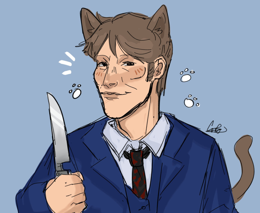 alternate_species animal_humanoid berrikae blue_theme blush brown_hair cat_humanoid clothed clothing cool_colors felid felid_humanoid feline feline_humanoid footprint hair hannibal_(series) hannibal_lecter hi_res holding_knife holding_object humanoid humanoidized knife male mammal mammal_humanoid necktie pawprint prick_ears shirt smile solo suit tail topwear