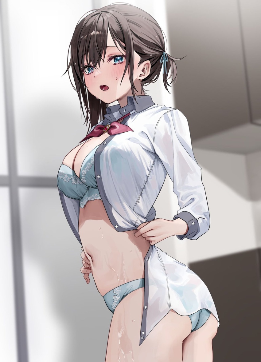 aqua_eyes aqua_ribbon ass asymmetrical_hair black_hair blue_bra blue_panties blurry blurry_background bow bowtie bra breasts chigusa_minori cleavage collared_shirt commentary_request female futago_matomete_kanojo_ni_shinai? hair_between_eyes hair_ribbon highres indoors large_breasts long_sleeves looking_at_viewer navel official_art open_mouth panties red_bow red_bowtie ribbon shirt short_hair solo standing stomach sweat sweatdrop unbuttoned unbuttoned_shirt underwear usami_chikage wet wet_clothes wet_shirt white_shirt