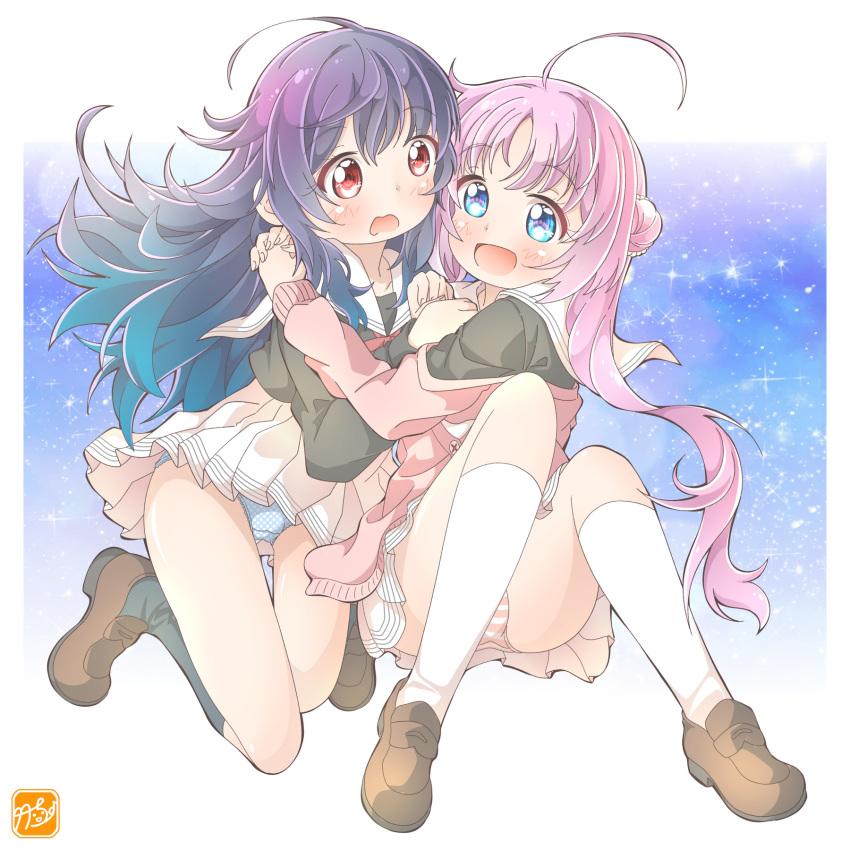 2girls akeuchi_yuu black_socks blue_eyes blue_hair blue_panties brown_footwear commentary_request cropped_jacket dress fujinomisaki_school_uniform gradient_hair hair_bun highres holding_hands hoshikuzu_telepath hug kneehighs konohoshi_umika multicolored_hair multiple_girls panties pantyshot partially_unbuttoned pink_hair pink_panties pink_sweater pleated_dress polka_dot polka_dot_panties purple_hair red_eyes ribbon sailor_collar school_uniform socks striped_clothes striped_panties sweater takecho underwear white_dress white_sailor_collar white_socks yuri